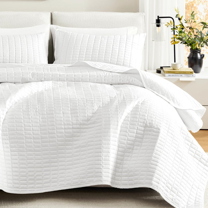 Comfort Spaces Kienna Quilt Set- Double Sided Stitching Design Summer Blanket, Lightweight, Soft, All Season Bedding Layer, Matching Sham, White, Coverlet King (104"x90") 3 Piece - Image 1